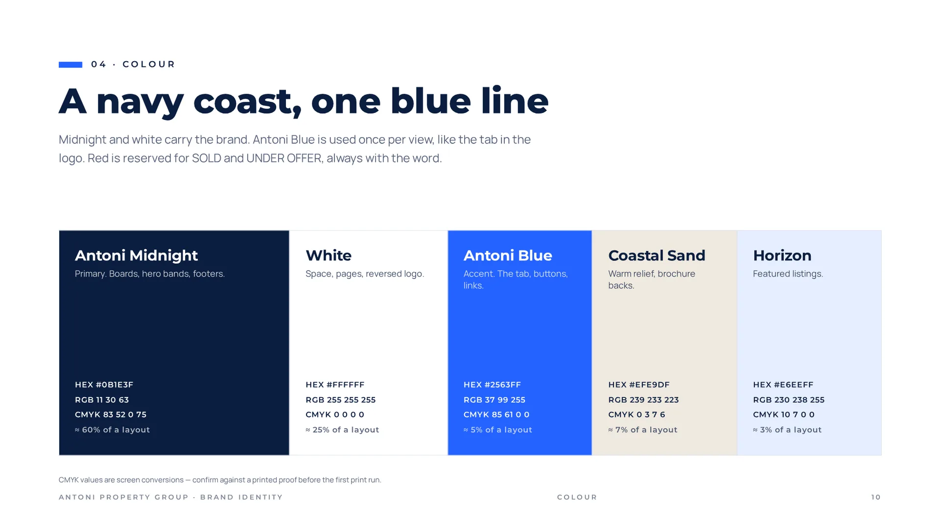 Antoni colour palette: Midnight, White, Antoni Blue, Coastal Sand and Horizon